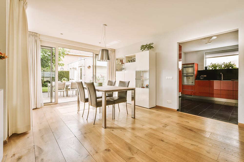 Studio apartment interior with wooden furniture